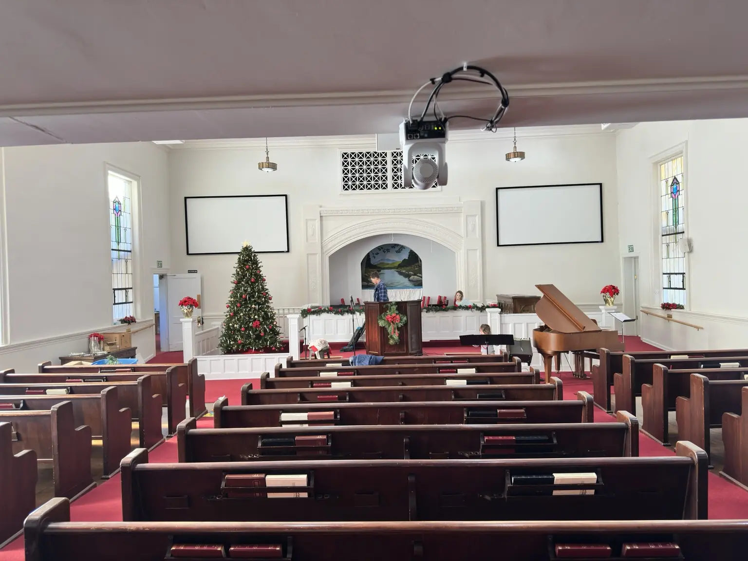 The historic First Baptist Church sanctuary looking toward the pulpit